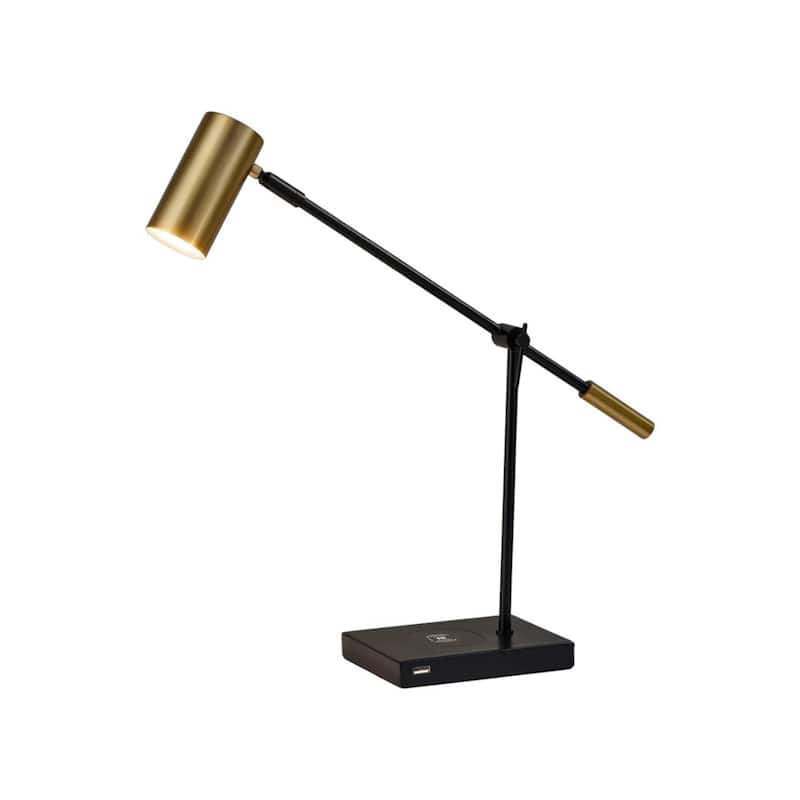 Black Metal Swing Arm LED Desk Lamp with Antique Gold Cylinder Shade USB Charging - 22.5” x 5” x 22.25” (D x W x H)