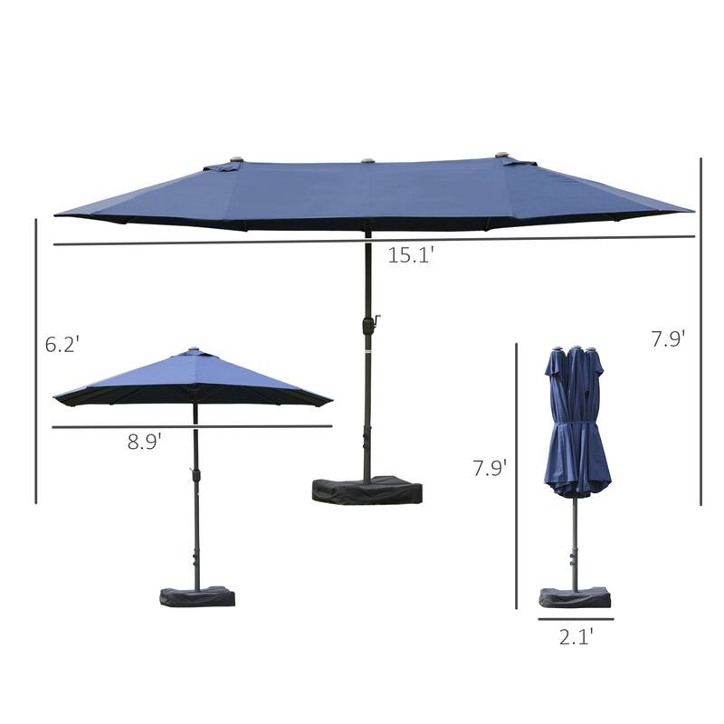 15FT Double-Sided Rectangular Patio Umbrella with Crank, Steel Frame & Sun Protection, Dark Blue