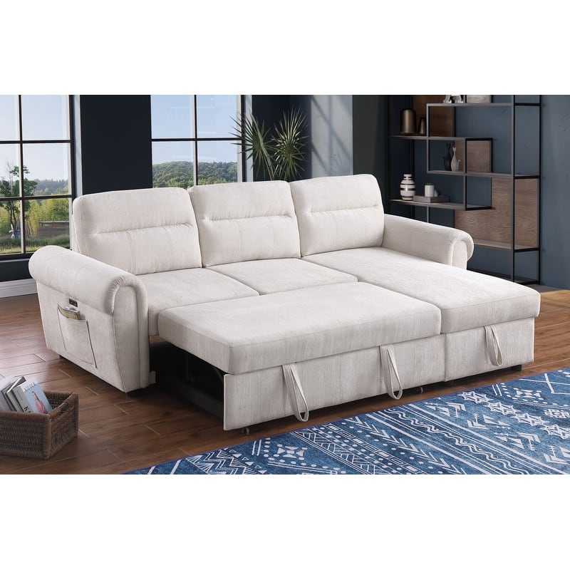 Hugo 97"W Chenille Rev. Sleeper Sectional Sofa Chaise USB Chargers, Phone/Magazine Pockets - Beige