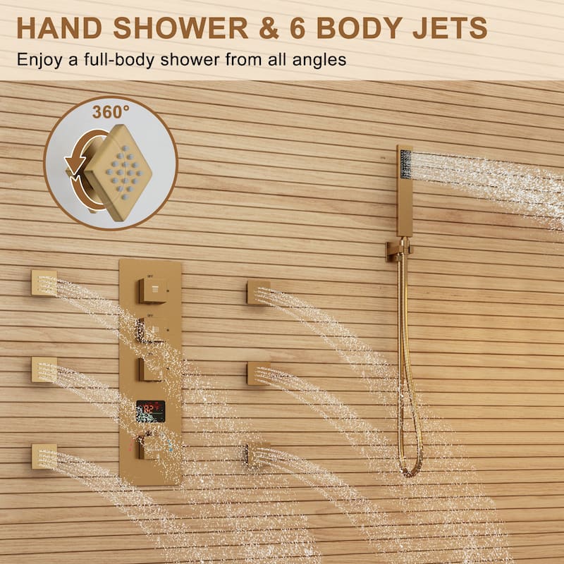 CASAINC 12 Inch Wall Mounted Square Shower Head Shower System with Handheld Shower Body Digital Display Shower 6 Body Jet