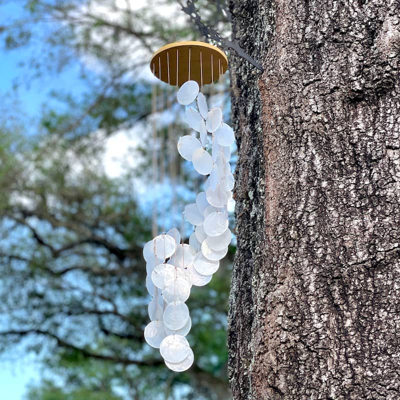 White Capiz Shell Wind Chime, 29", Coastal Patio Garden Decor