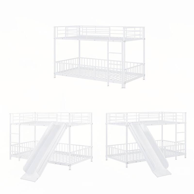 Twin over Twin Size Metal Bunk Bed with Slide and Guardrails