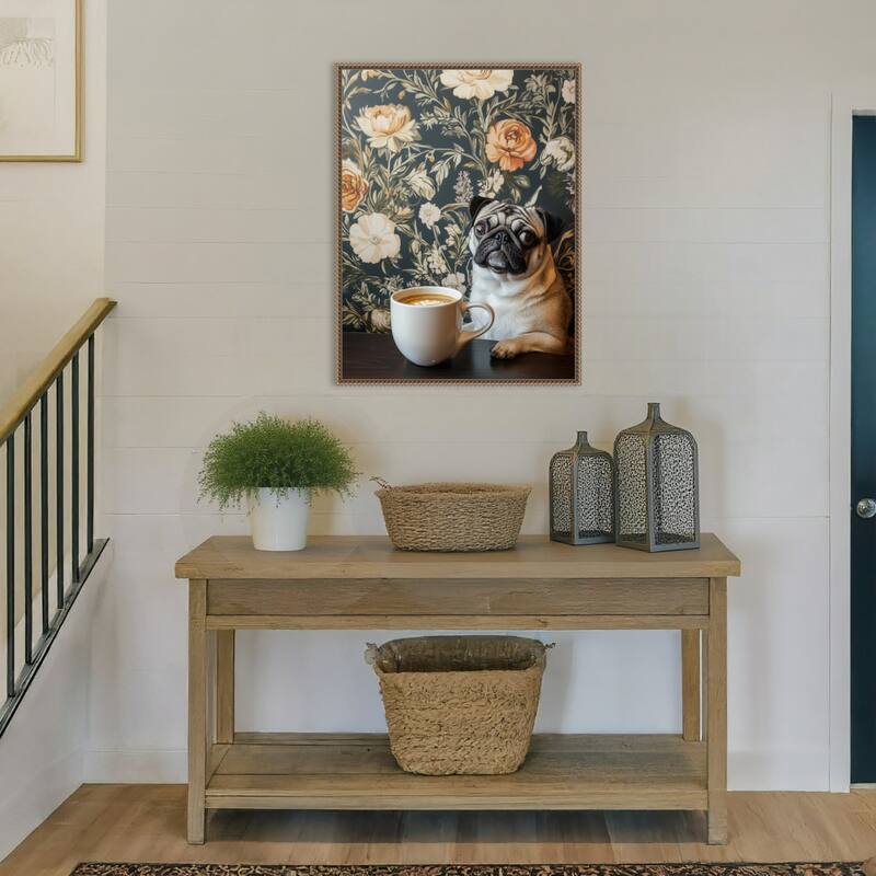 The Latte Loving Pug by Mowzu Framed Canvas Wall Art