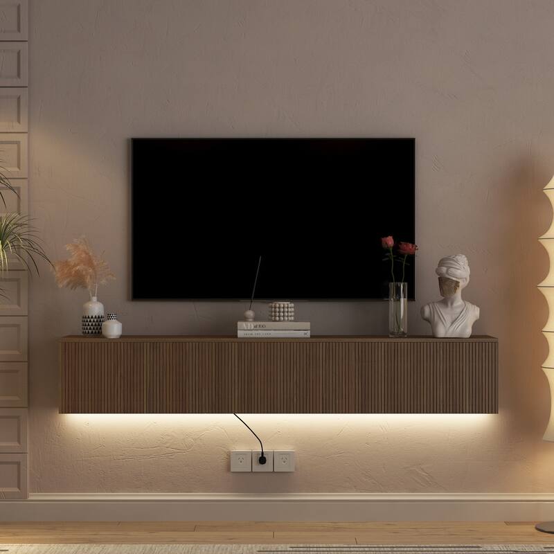 Floating TV Stand, Wall Mounted Shelf, Modern Floating Entertainment Center with Flip-Down Doors, Fits TV 50-65 inch Cabinet - Brown