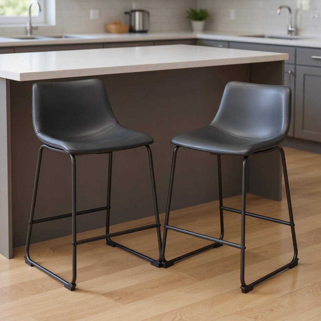HomeRoots Set of Two 24" Black Faux Leather and Steel Counter Height Bar Chairs