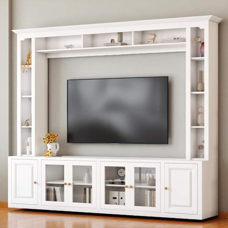 4-Piece Modern TV Stand and Wall Unit with Storage, Large 92 Inch Media Console with Cabinets & Display Shelves for 80 Inch TV