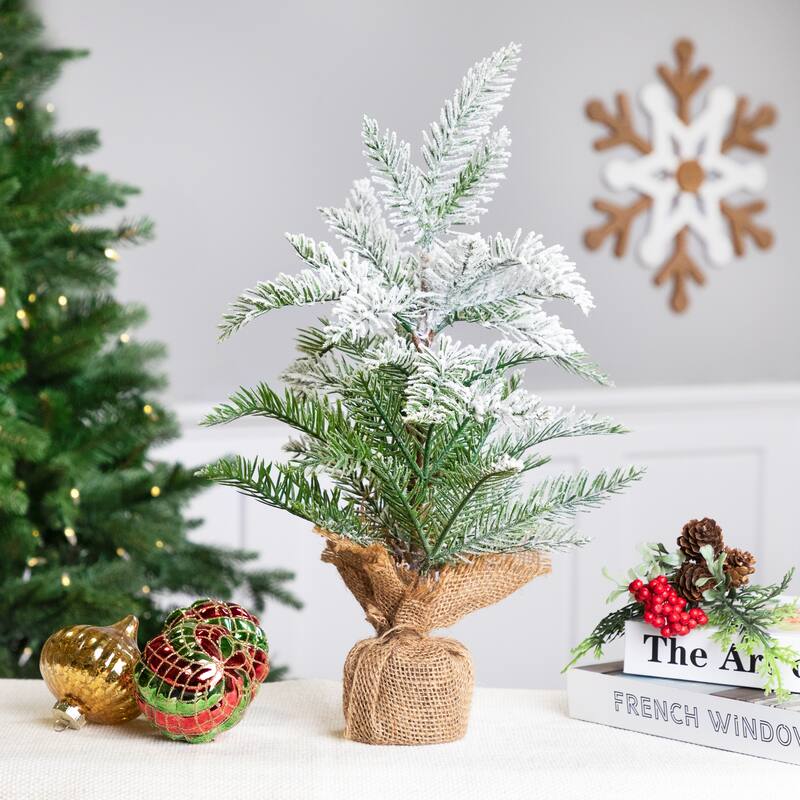 Heavily Flocked Pine Tree in Burlap Base Christmas Decoration - 17.5"