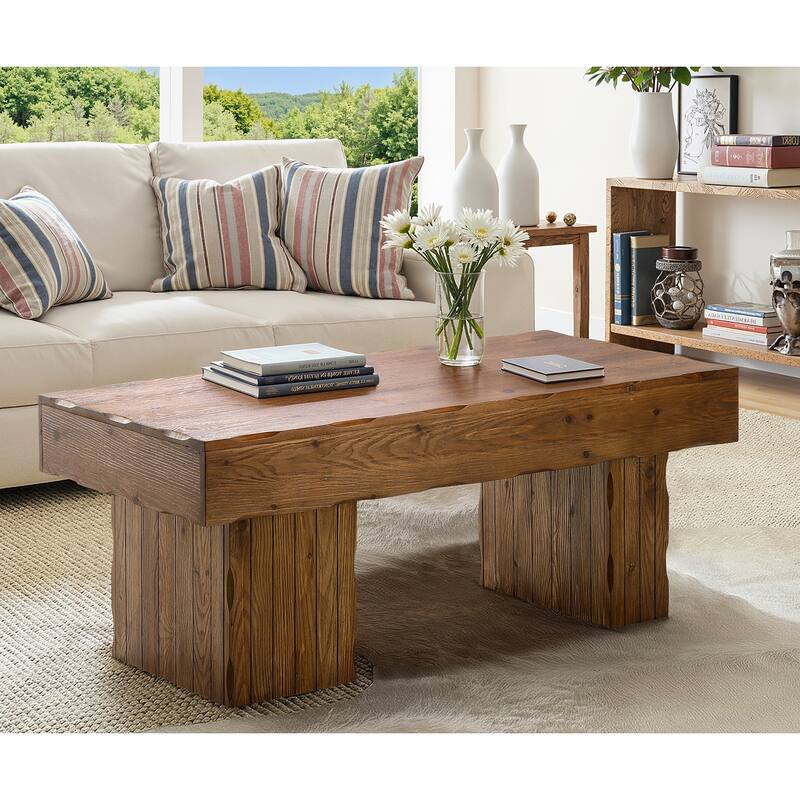 47 Inches Farmhouse Coffee Table, Solid Wood Center Tables - Brown