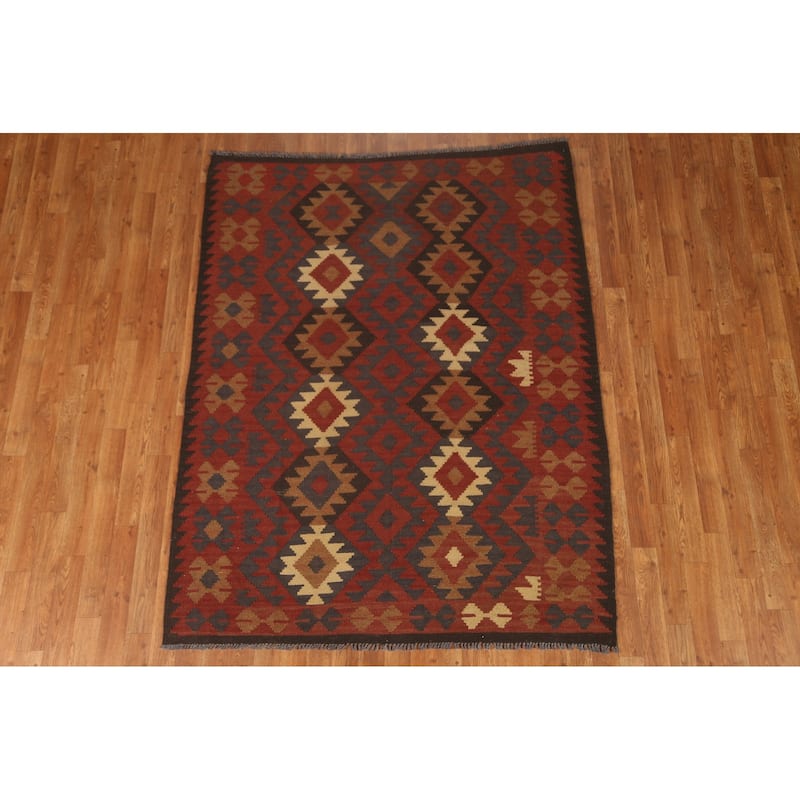 Geometric Tribal Kilim Oriental Area Rug Hand-woven Wool Carpet - 4'11" x 6'3"