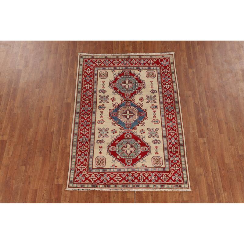 Kazak Area Rug Hand-Knotted Wool Carpet - 4'3" x 6'0"