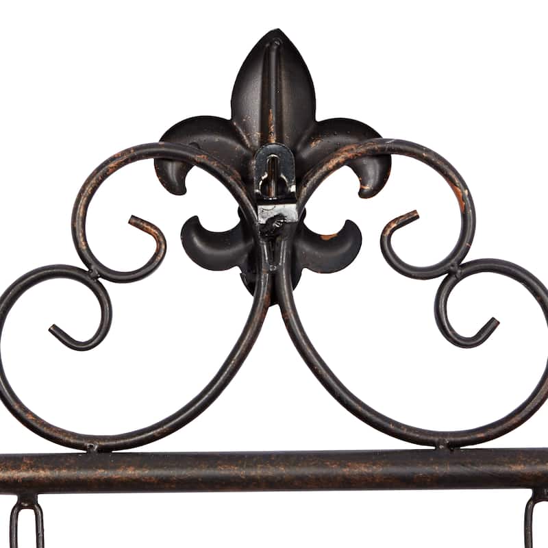Bronze Metal Suspended Fleur De Lis Home Wall Decor with Scrollwork Hanger