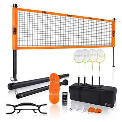 GSE™ Professional Portable Badminton Complete Set with Badminton Net, 4 Rackets & 3 Shuttlecocks - Outdoor Backyard Beach Games