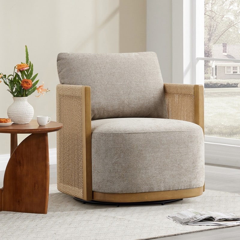 Spruce & Spring Modern Boho Braid Swivel Accent Chair with Hand-Woven Paper Cord Arm - Single - Khaki