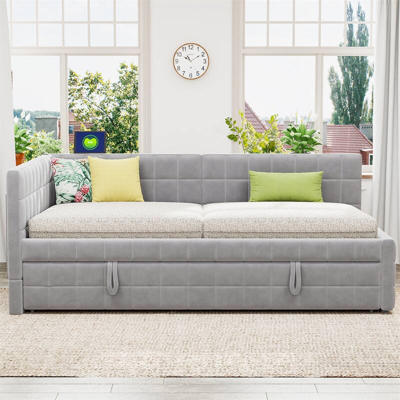 Full Size Upholstered L-Shaped Upholstered Daybed with Pop Up Trundle