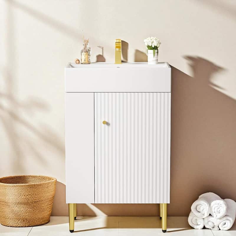 21.6" White Bathroom Vanity with Ceramic Sink Freestanding Cabinet Left Side Storage and Soft Close Door - White
