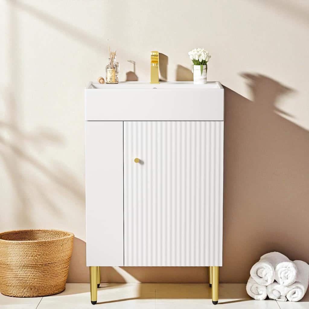 21.6" White Bathroom Vanity with Ceramic Sink Freestanding Cabinet Left Side Storage and Soft Close Door
