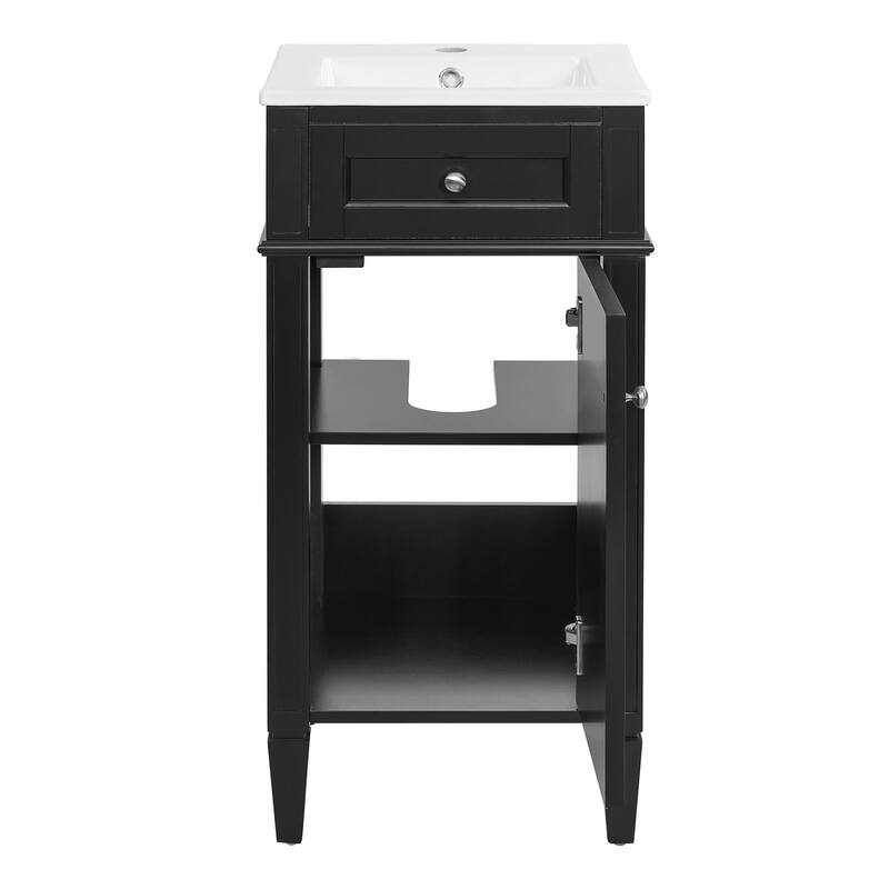 16" Bathroom Vanity with Ceramic Sink, Freestanding Single Vanity Set with Soft Closing Door, Adjustable Shelf, French Style