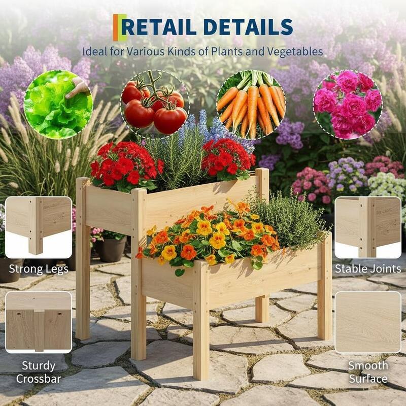 Two-Tier Wooden Raised Garden Bed, with 8 Drainage Holes