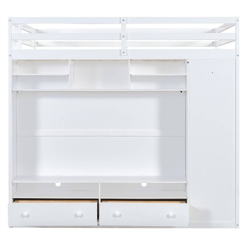 Full Size Loft Bed with LED Light, Wardrobe and 2 Storage Drawers, Solid Wood Loft Bedframe with Open Storage Shelves