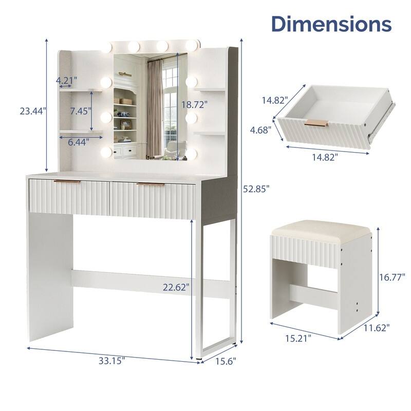 Particle Board Veneered with Textured Melamine, 2-drawer 4-Shelf, comes with 10 Three-color Dimmable Bulbs, Dressing Table Set