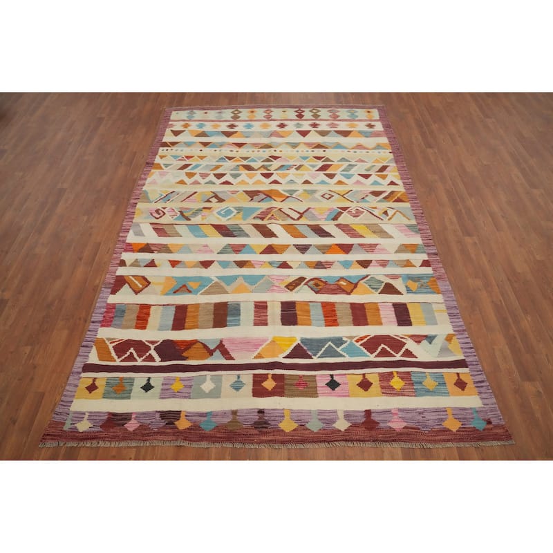 Hand Woven Oriental 100% Wool Carpet Southwestern Tribal Multi-Colored Kilim Area Rug - 9' 8'' X 6' 8''