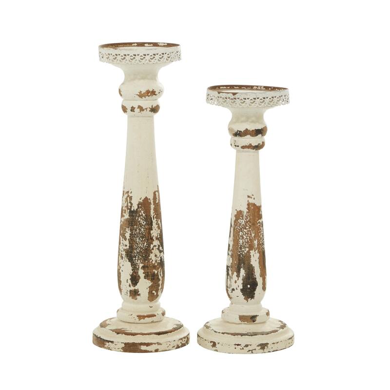 Wood Distressed Pillar Candle Holder - Set of 2 Brown - Roche River Decor