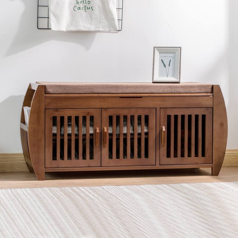 Bamboo Shoe Storage Bench with Storage Space and Padded Seat Cushion, for Entryway, Living Room, Bedroom, Brown