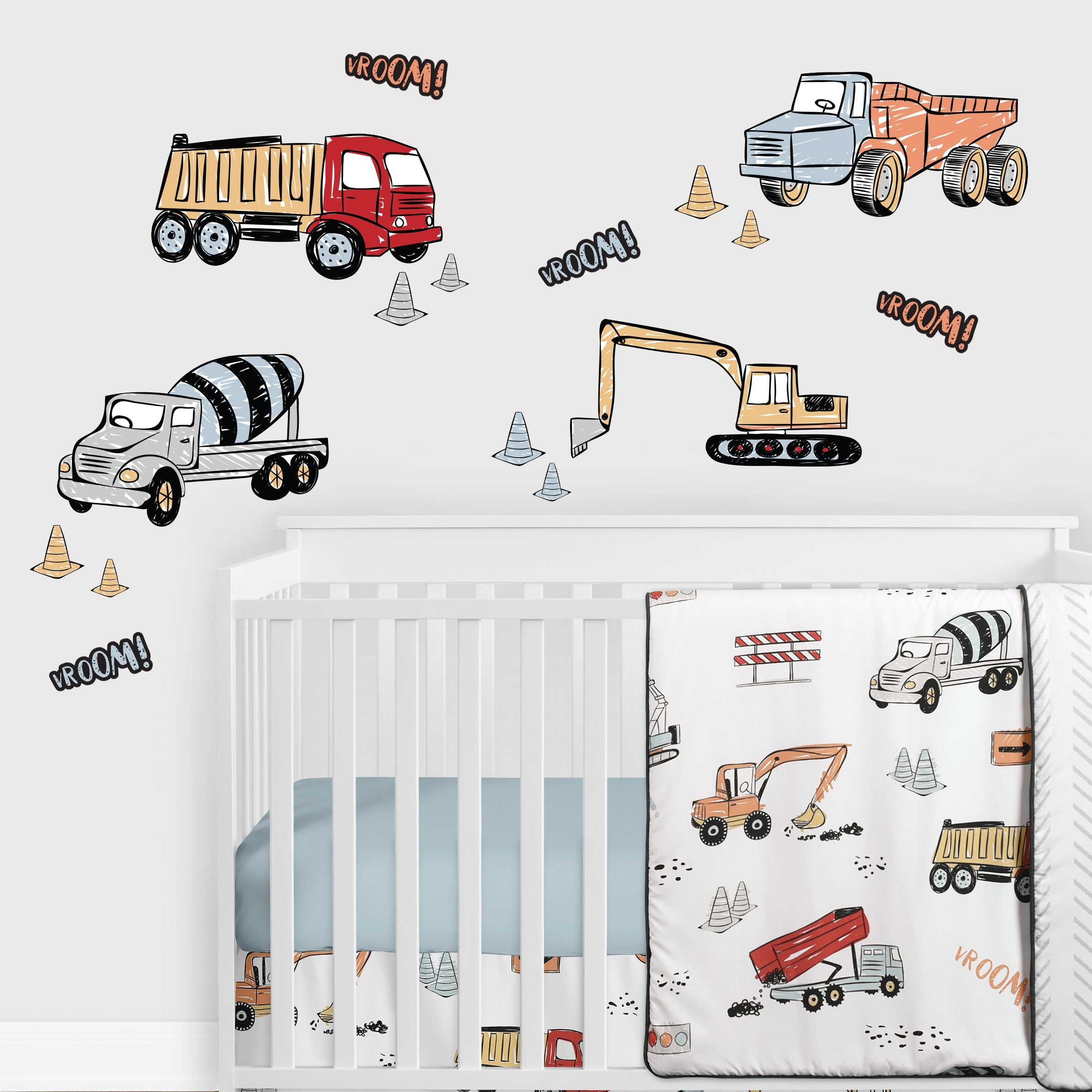 Construction Truck Peel and Stick Wall Decal Stickers Art Nursery Decor (Set of 4) - Grey Yellow Orange Red Blue Transportation