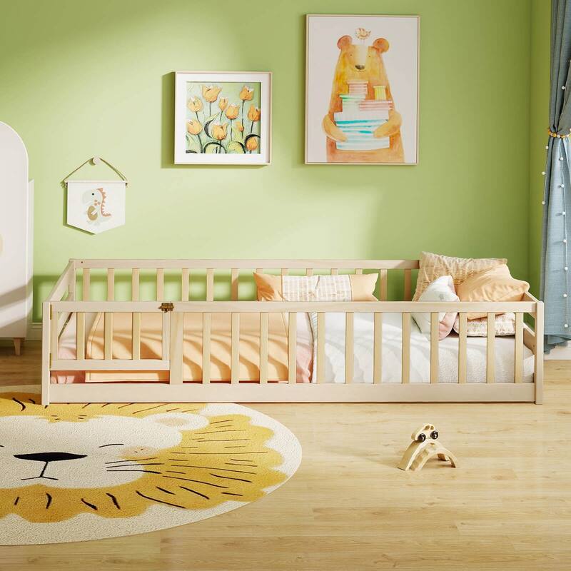 Costway Twin Size Floor Bed with Door & Fence with Safety Guardrails &