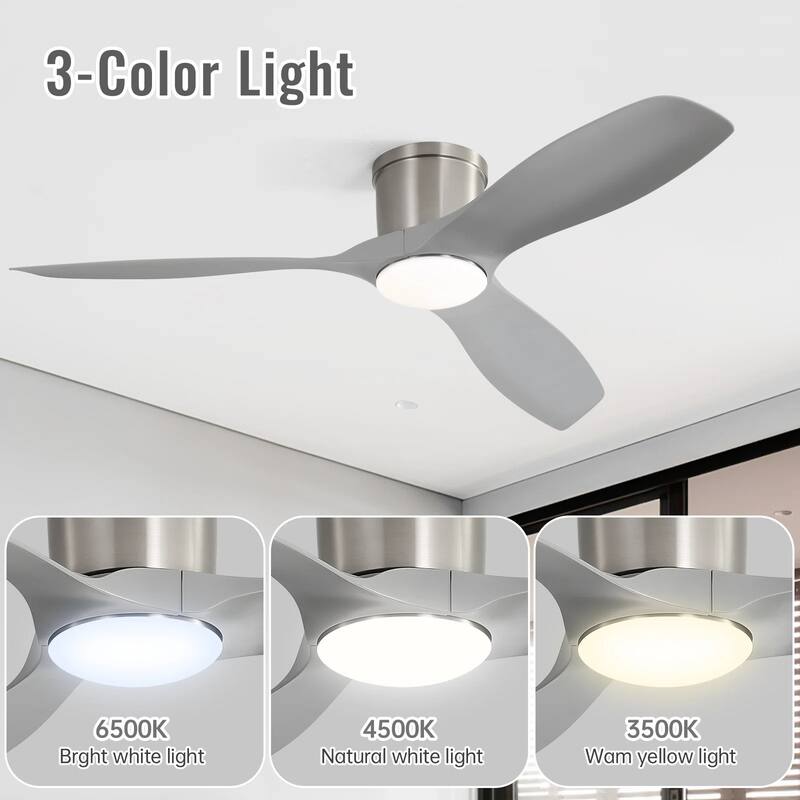 52 Inch Ceiling Fan With Light and Remote Brushed Nickel Low Profile Ceiling Fan 6 Wind Speed - 52in