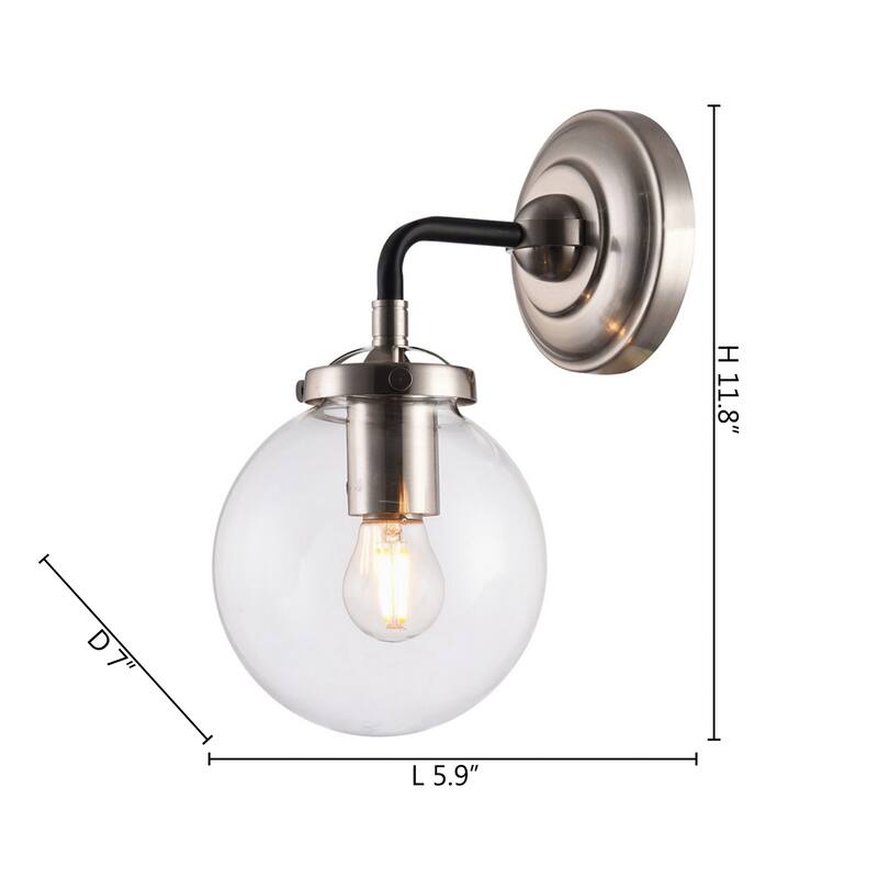 1 Light Silver and Black Wall Sconce with Glass Shade