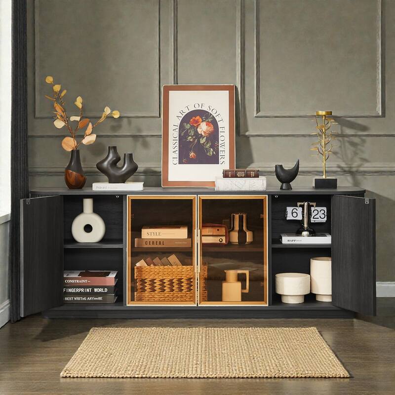 64'' Wavy TV Cabinet with LED Lights, Curved Sideboard with Vertical Stripes & Tempered Glass Doors for Living Room or Bedroom