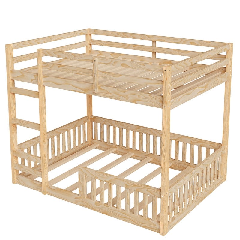 Full over Full Wood Bunk Bed with Ladder and Guardrails