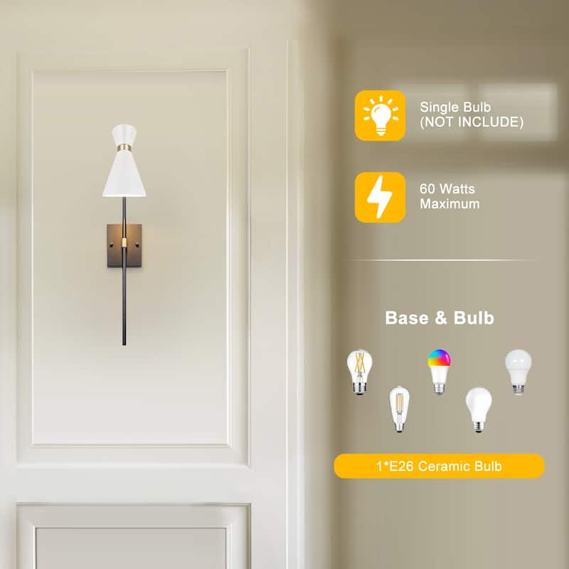 1-Light Black Indoor Wall Sconce with White Cone Metal Shade Modern