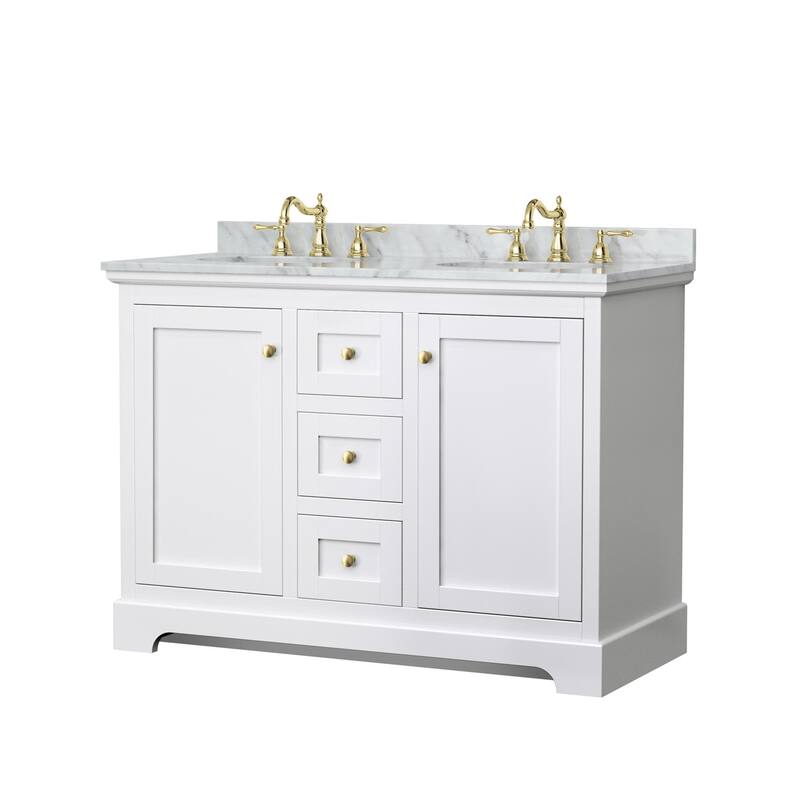 Wyndham Collection Avery 48" Free Standing Double Basin Vanity Set - White / White Carrara Marble Top / Brushed Gold - Painted
