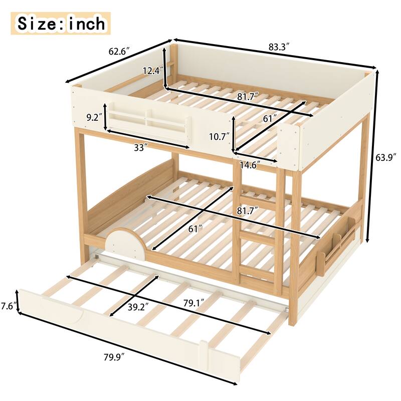 Queen Bunk Bed with Trundle, Wood Bunk Bed Frame with Built-in Bookshelf and High-quality Safety Guardrail