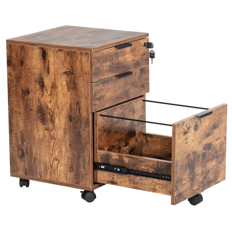 JJS 3 Drawer Rolling File Cabinet Wooden Storage with Lock & Wheels
