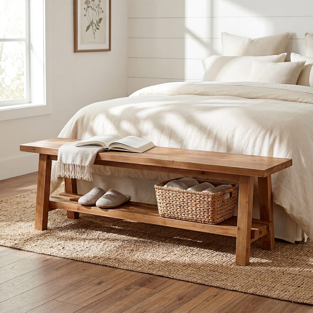 Farmhouse Wood Entryway Bench, 55" Long 2-Tier Shoe Bench with Shelf