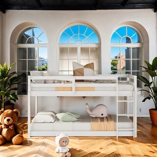 Twin Over Twin Floor Low Wood Bunk Beds With Ladder, Stylish Wood Loft Bed, Easy To Assemble