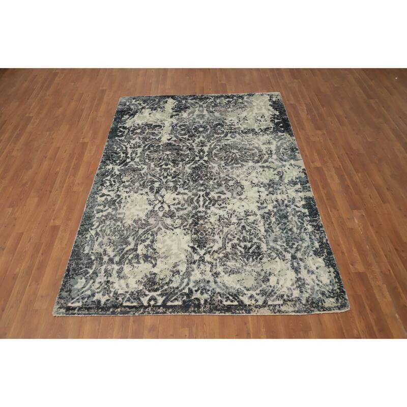 Hand Knotted Oriental Viscose Silk Carpet Modern All-Over Greys & Charcoal Abstract Area Rug - 8' 2'' X 5' 7''