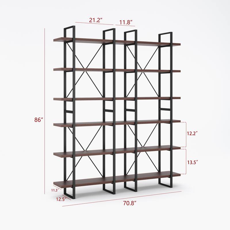 Davee 6-tier Dark Walnut color Display and Storage Bookshelves - 86" H x 70.8" W x 12.5" D