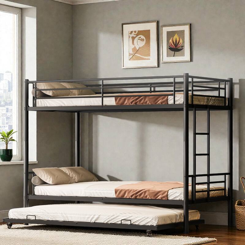 Twin Over Twin Metal Bunk Bed with Trundle, Convertible 2-in-1 Design, Non-Slip Ladder and Safety Rails - Black - Twin