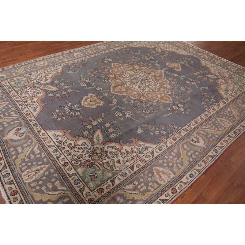 Gray Blue Tabriz Persian Vintage Area Rug Hand-Knotted Wool Carpet - 8'0"x 10'7"