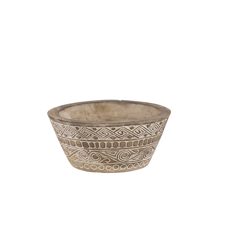 Large Round Decorative Hand-Carved Brown & White Wood Bowl w/ Tribal Design 15.5 x 7 - 16 x 16 x 7Round