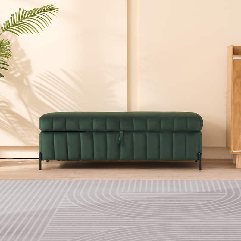 49.21" Wide Upholstered Velvet Storage Soft Bench Footstool Ottoman End of Bed with Metal Legs, Foot Rest