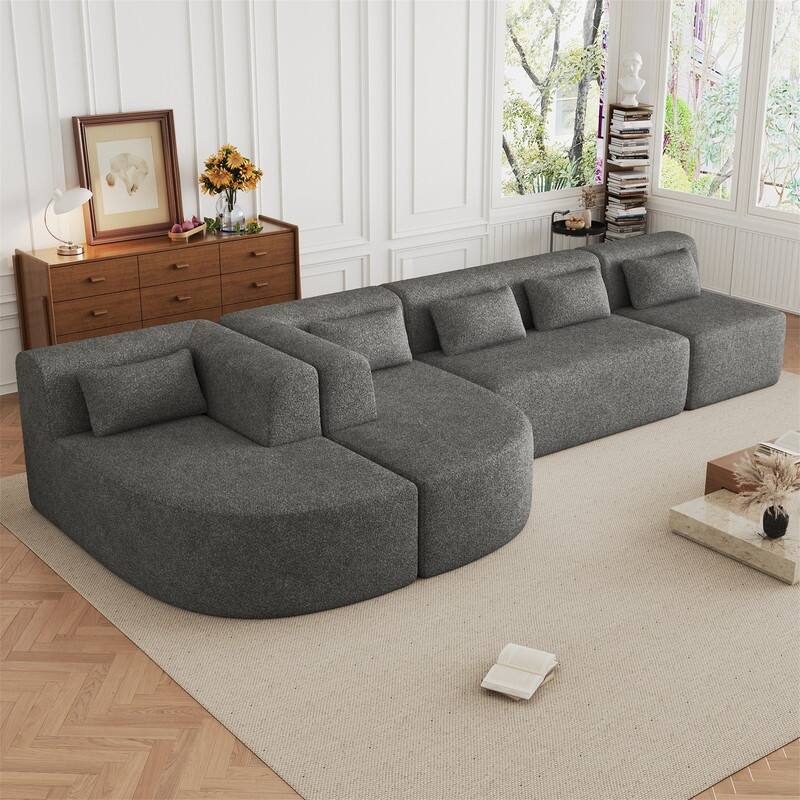 Convertible Sectional Sofa with 2 Curved Chaise Lounges, 143.7" Upholstered Sofa Free-combined Sofa Couch with 5 Back Pillows