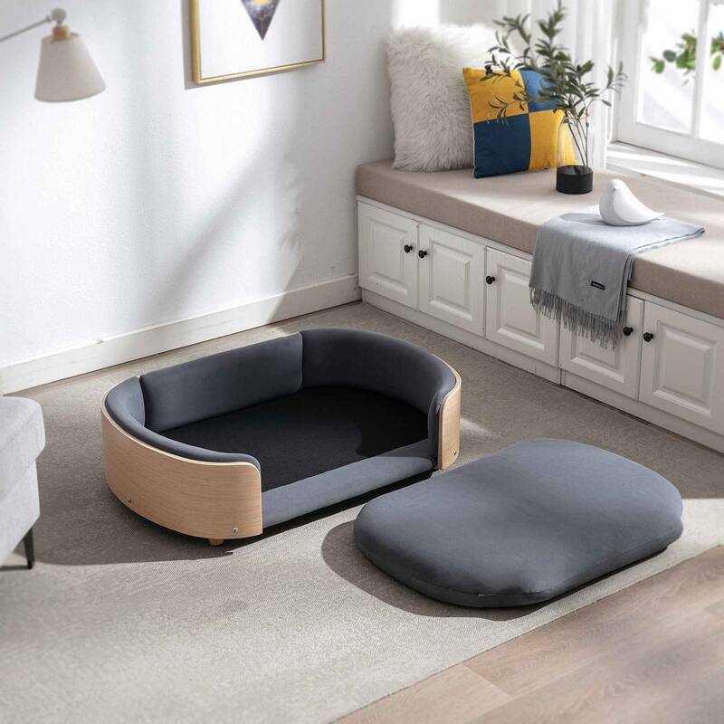 Dog Bed Pet Sofa With Solid Wood legs and Bent Wood Back, Velvet Cushion, Large Size