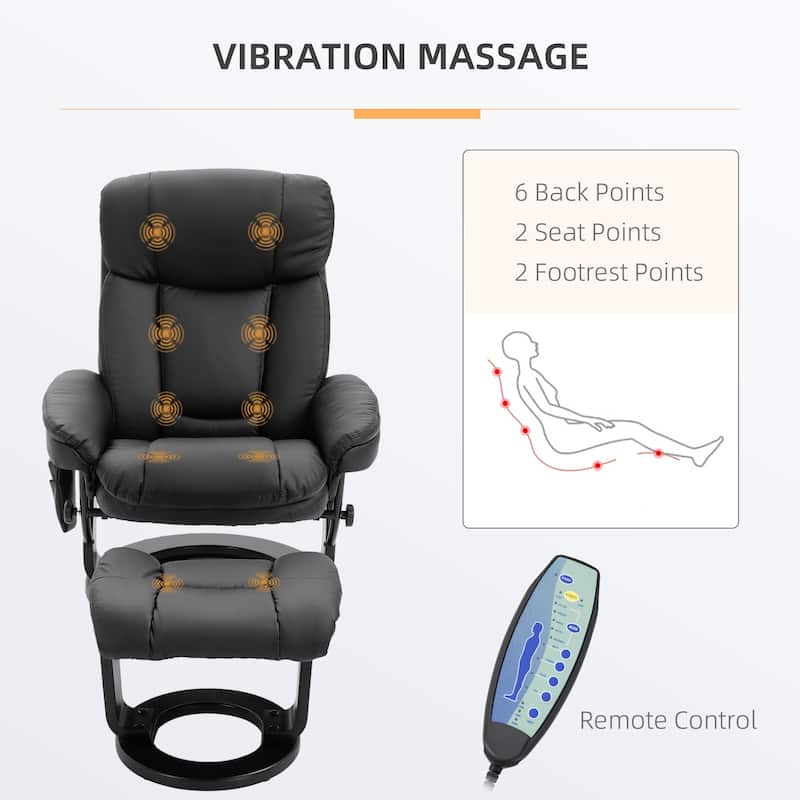 Black PU Leather 360° Swivel Manual Recliner Set with Ottoman, Full Body Vibration Massage, Side Pocket