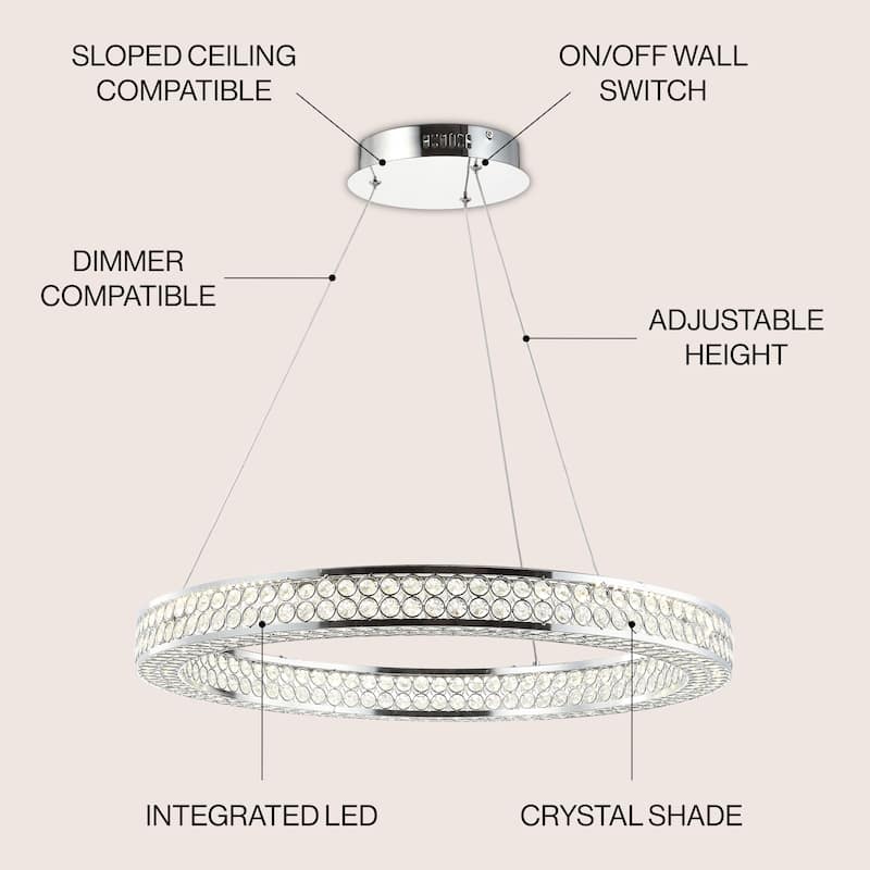 Bradley 24.7" Round Integrated LED Crystal/Metal Pendant, Chrome/Clear by JONATHAN Y