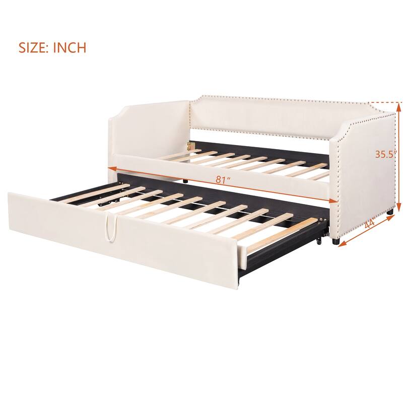 Twin Size Velvet Upholstered Daybed with Pop Up Trundle Bed, Low Profile Panel Bed Frame, 2-in-1 Daybed Design
